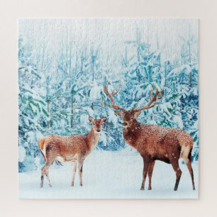Snowy Deer Family Winter Scene Jigsaw Puzzle