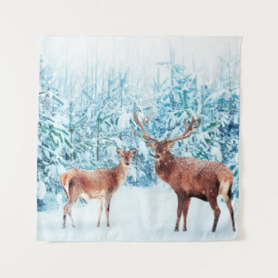 Snowy Deer Family Winter Scene Tapestry