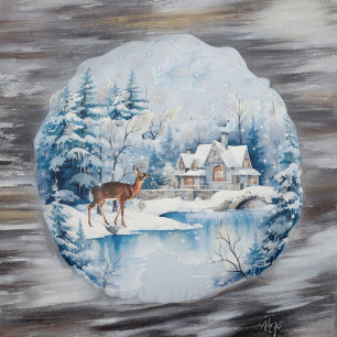 Snowy Deer in Forest near Lake House in Winter Round Cushion
