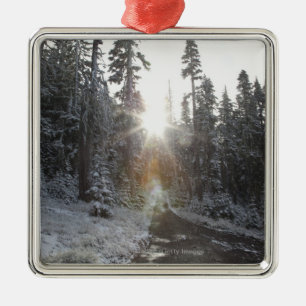 Snowy dirt road going into the sun metal ornament
