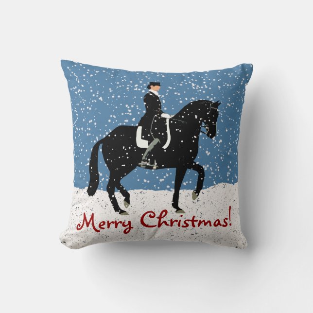 Snowy Dressage Horse Christmas Cushion (Front)