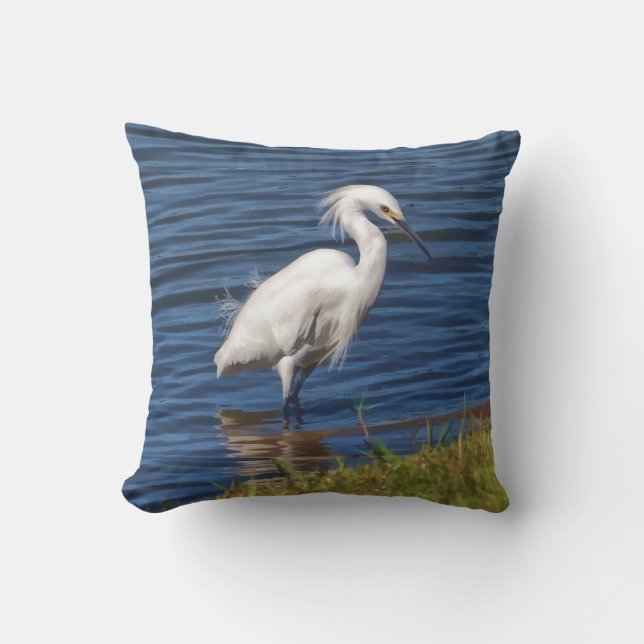 Snowy Egret at the Pond Cushion (Front)