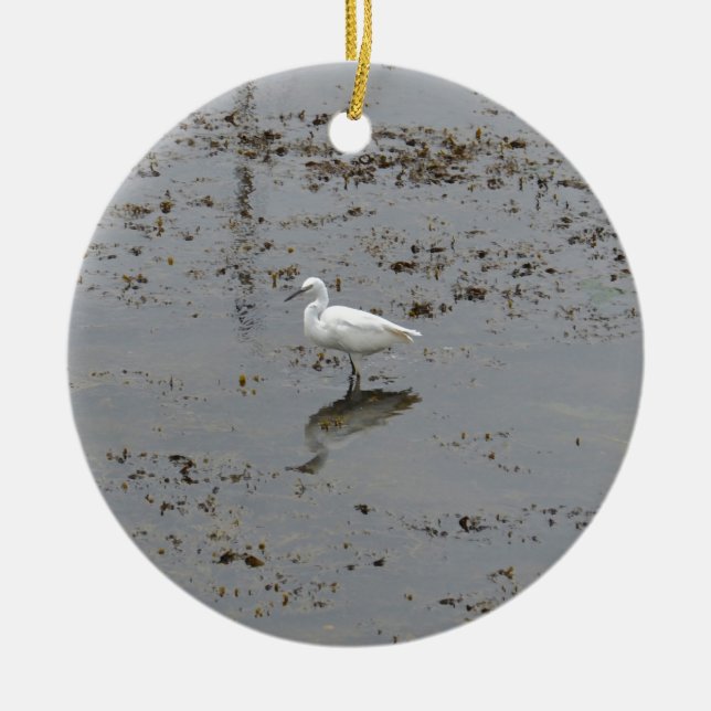 Snowy Egret Ceramic Tree Decoration (Front)