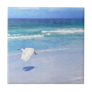 Snowy Egret Coastal Watercolor Ceramic Tile