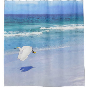 Snowy Egret Coastal Watercolor Shower Curtain