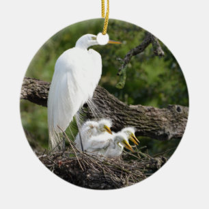 Snowy Egret Family Ceramic Ornament