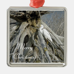 Snowy Egret Merry Christmas Ornament
