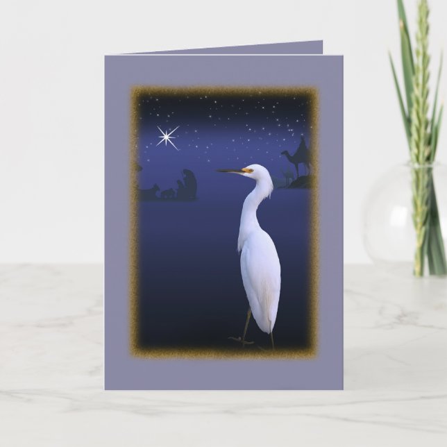 Snowy Egret with Nativity Christmas Card (Front)