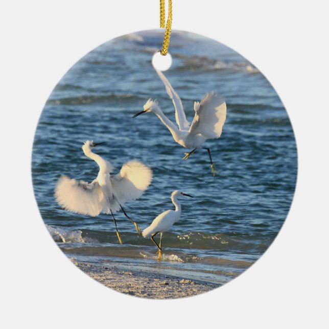 Snowy Egrets Dancing (Can be Personalised) Ceramic Tree Decoration (Front)