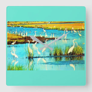 snowy egrets square wall clock