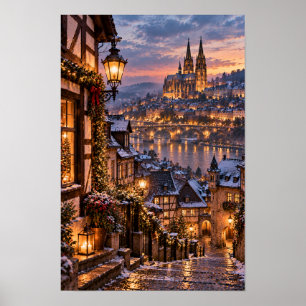Snowy European Old Town Cathedral Sunset Wall Art