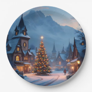 Snowy Eve In The Square – Holiday Village Scene Paper Plate
