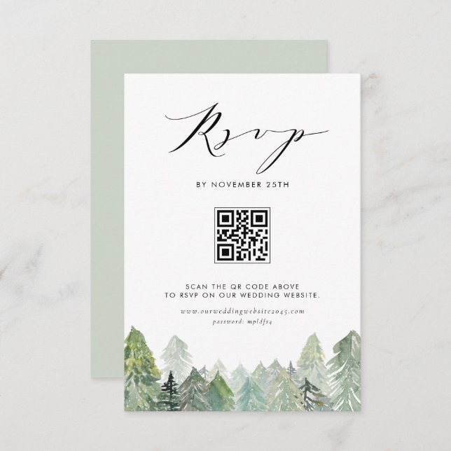 Snowy Evergreen Forest QR Code Winter Wedding RSVP Card (Front/Back)