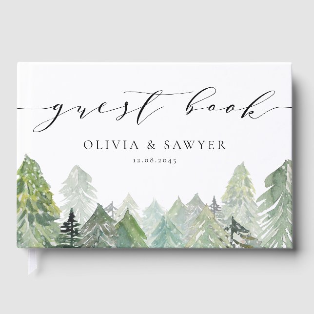 Snowy Evergreen Forest Script Winter Wedding Guest Book (Front)