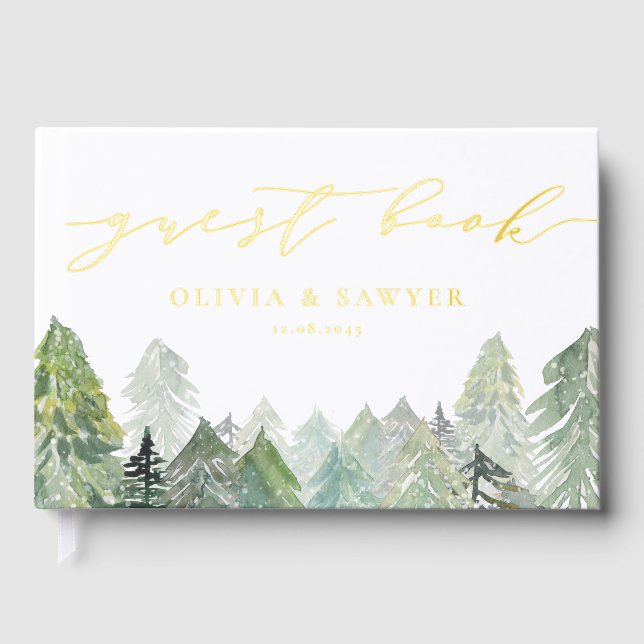 Snowy Evergreen Forest Script Winter Wedding Guest Book (Front)