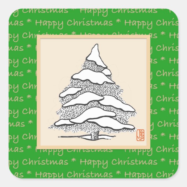 Snowy Evergreen Happy Square Christmas Sticker (Front)