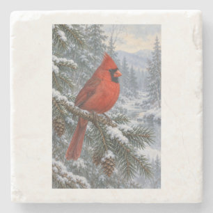 Snowy Evergreen with a Bright Red Cardinal Stone Coaster