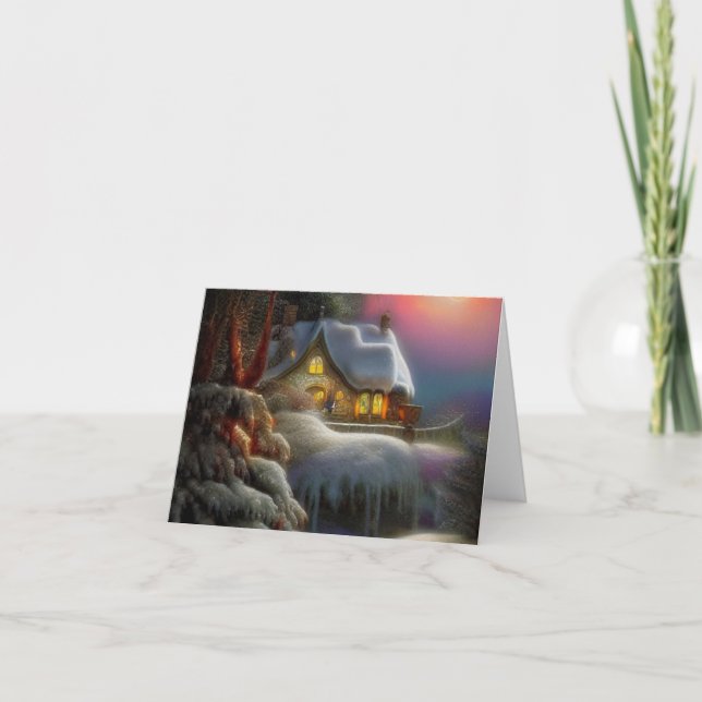 Snowy fantasy mountain house blank budget holiday card (Front)