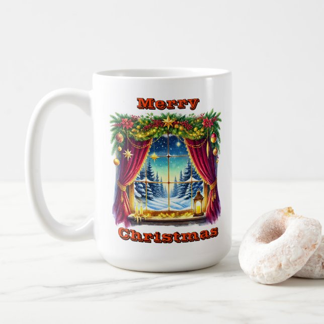 Snowy Festive Window Scene Coffee Mug (With Donut)
