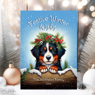 Snowy Festive Winter Wishes Bernese Mountain Dog Holiday Card