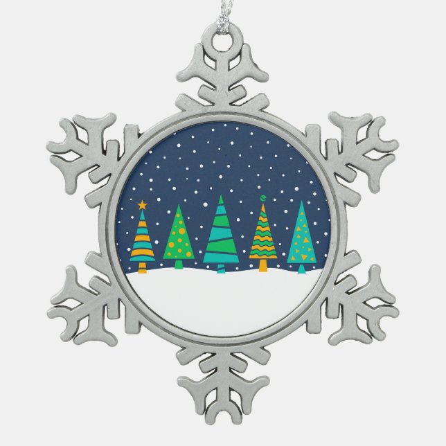 Snowy Fir Trees Snowflake Ornament (Front)