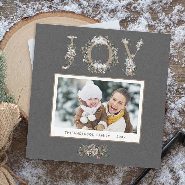 Snowy Floral Joy Holiday Photo Square Card (Creator Uploaded)