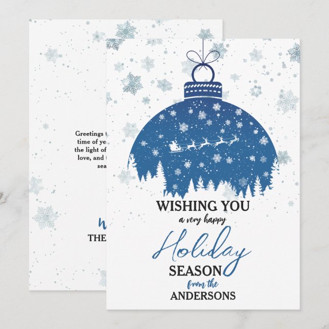 Snowy Forest Christmas Blue Ornament Santa Sleigh Holiday Card (Front/Back)