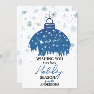 Snowy Forest Christmas Blue Ornament Santa Sleigh Holiday Card