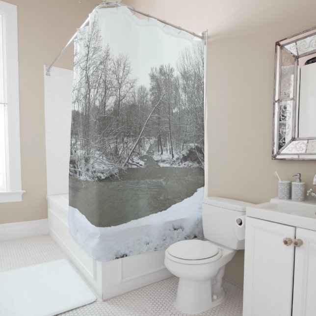 Snowy Forest Creek Winter Scene Landscape Nature Shower Curtain (In Situ)