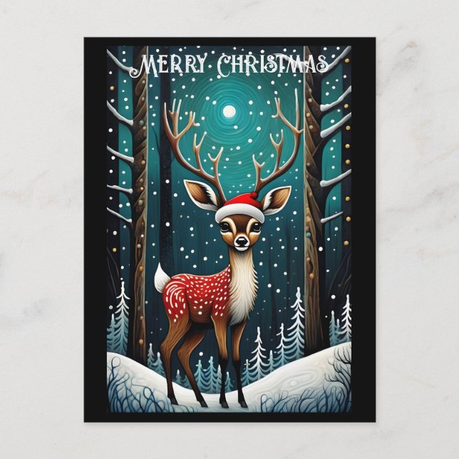 Snowy Forest Cute Baby Deer Santa Christmas Gift Postcard (Front)