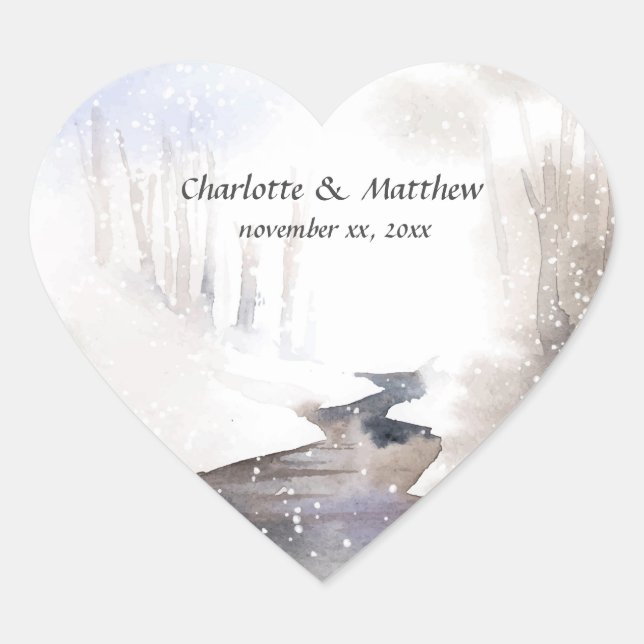 Snowy Forest, Fall, Winter Wedding Heart Sticker (Front)