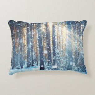 Snowy Forest Frosty Winter Scene Decorative Cushion