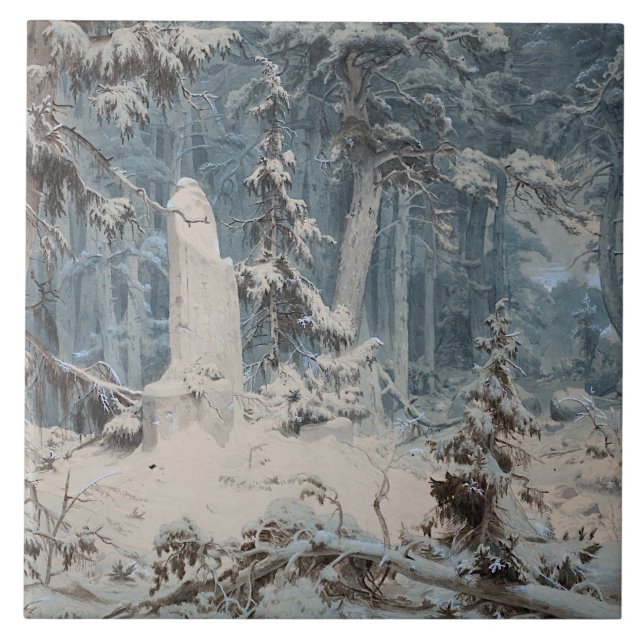 Snowy Forest in Winter (by Andreas Achenbach) Ceramic Tile (Front)