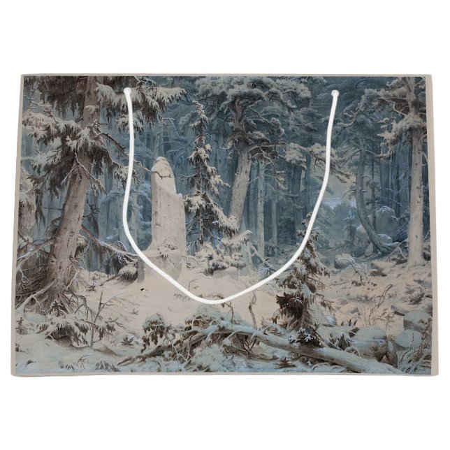 Snowy Forest in Winter (by Andreas Achenbach) Large Gift Bag (Front)