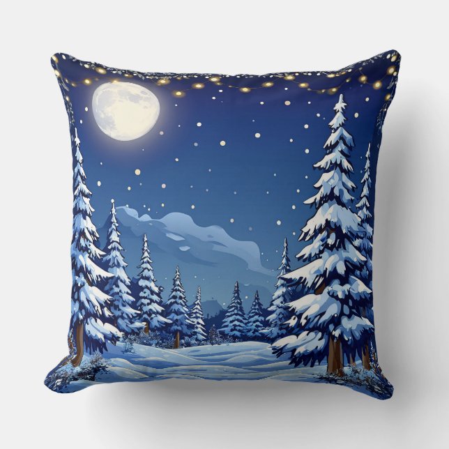 Snowy Forest Landscape Under a Moonlit Night Cushion (Front)