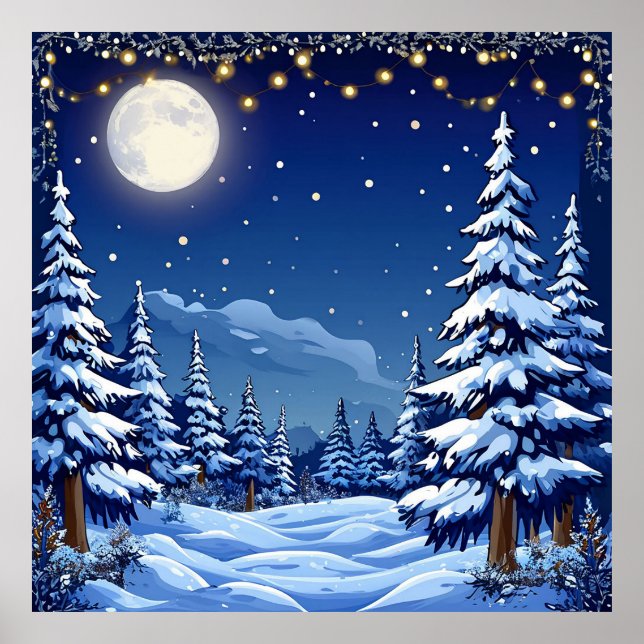 Snowy Forest Landscape Under a Moonlit Night Poster (Front)