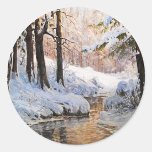 Snowy Forest Landscape, Walter Moras  Classic Round Sticker