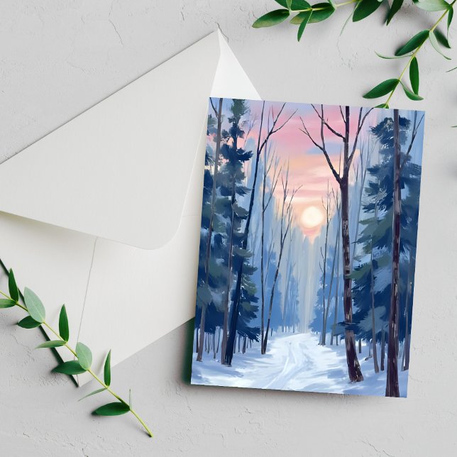 Snowy Forest Path Winter Sunlight Watercolor Card (Creator Uploaded)