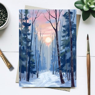 Snowy Forest Path Winter Sunlight Watercolor Postcard