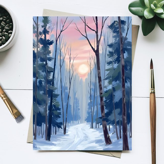 Snowy Forest Path Winter Sunlight Watercolor Postcard (Creator Uploaded)
