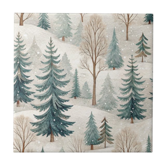 Snowy Forest Pattern – Peaceful Winter Landscape Ceramic Tile (Front)