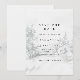 Snowy forest Watercolor winter landscape Wedding Save The Date