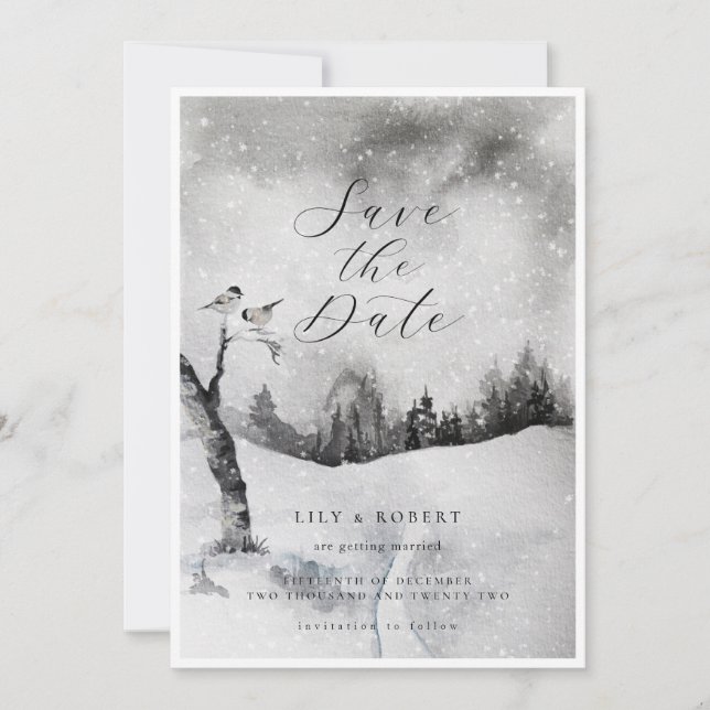 Snowy Forest Winter Wedding Save The Date Cards (Front)