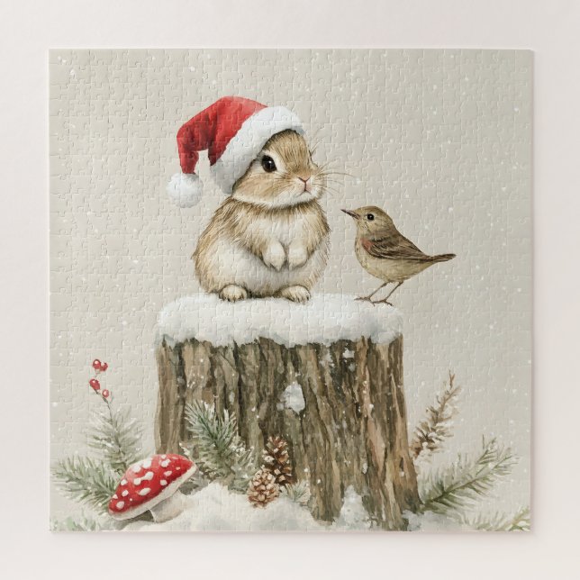 Snowy Forest Winter Woodland Christmas Bunny Bird  Jigsaw Puzzle (Vertical)
