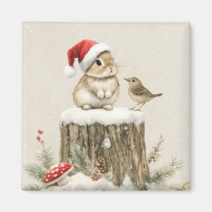 Snowy Forest Winter Woodland Christmas Bunny Bird Magnet