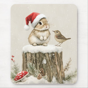 Snowy Forest Winter Woodland Christmas Bunny Bird Mouse Pad