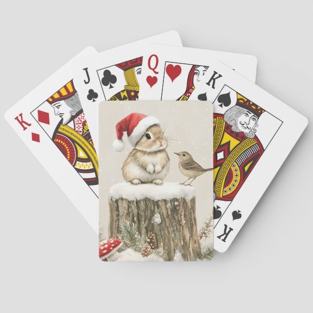 Snowy Forest Winter Woodland Christmas Bunny Bird  Playing Cards (Back)