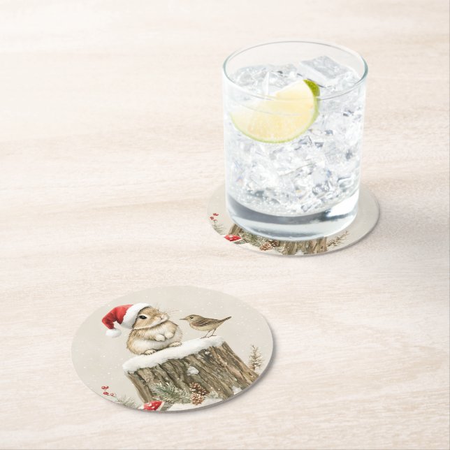 Snowy Forest Winter Woodland Christmas Bunny Bird  Round Paper Coaster (Insitu)