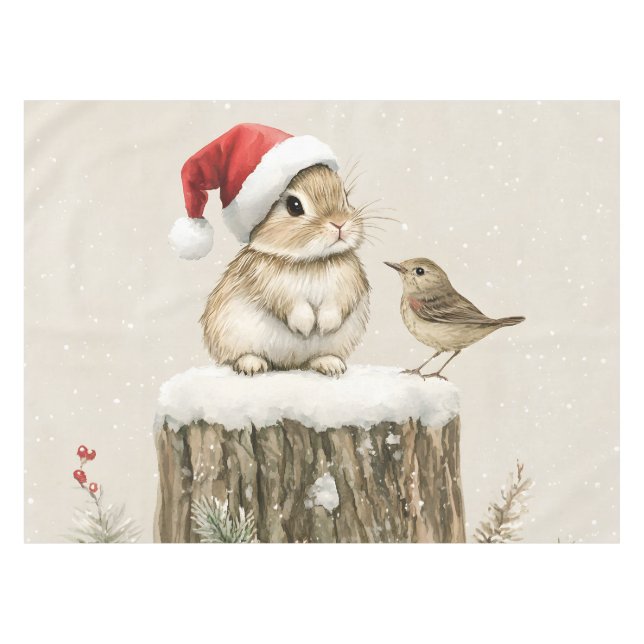 Snowy Forest Winter Woodland Christmas Bunny Bird  Tablecloth (Front (Horizontal))