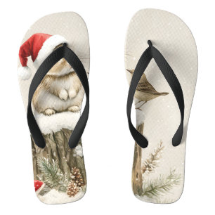 Snowy Forest Winter Woodland Christmas Bunny Bird  Thongs